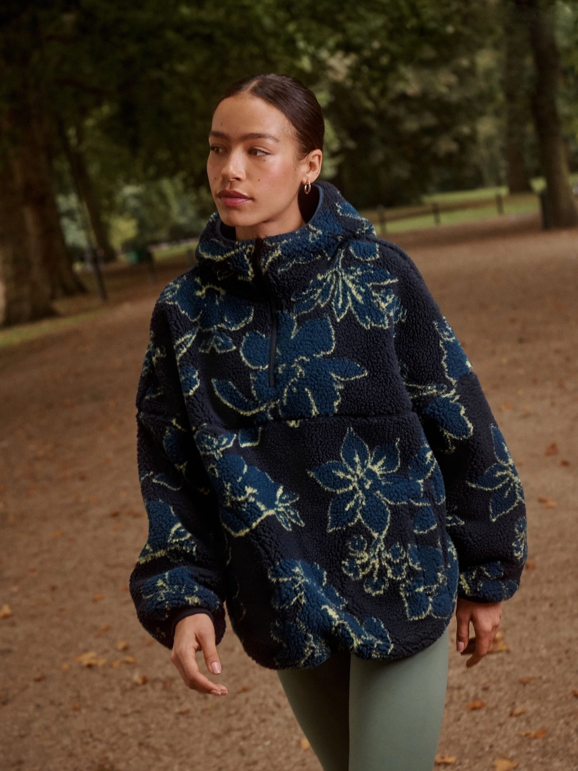 Navy Floral Print Active Borg Hooded Jacket